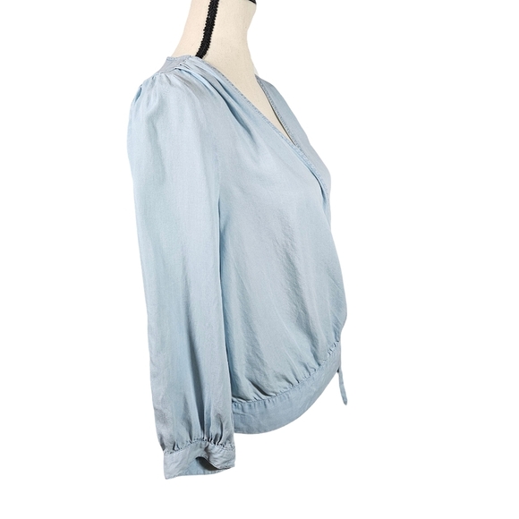 Vince Camuto Lighweight Denim, Wrap Front Blouse, Light Blue, Size Small - Picture 4 of 14